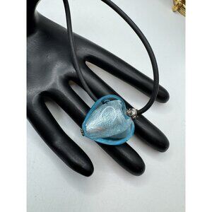 Iridescent Blue Glass Heart Pendant Puffy Heart Necklace Choker Charm Gift
